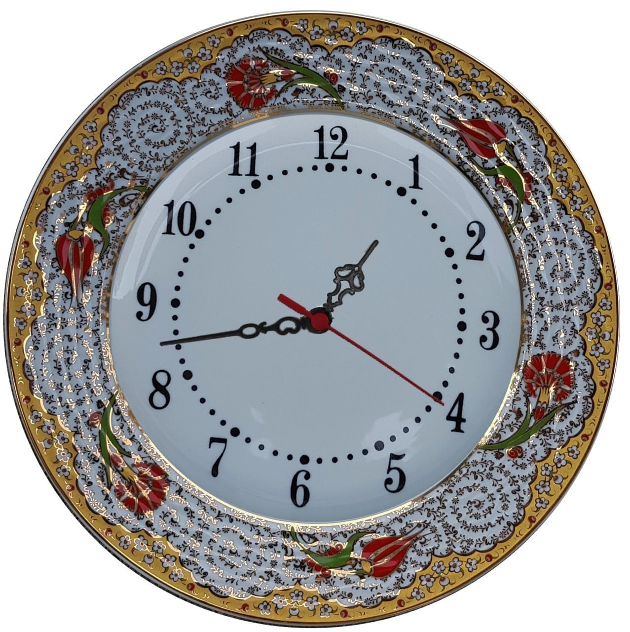 PRT 70 25 Cm Kırmızı Sarı Yaldızlı Lale karanfil Desenli Porselen Çini saat