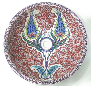 Şahlale Desenli El Yapımı Tezgah Üstü Çini Lavabo