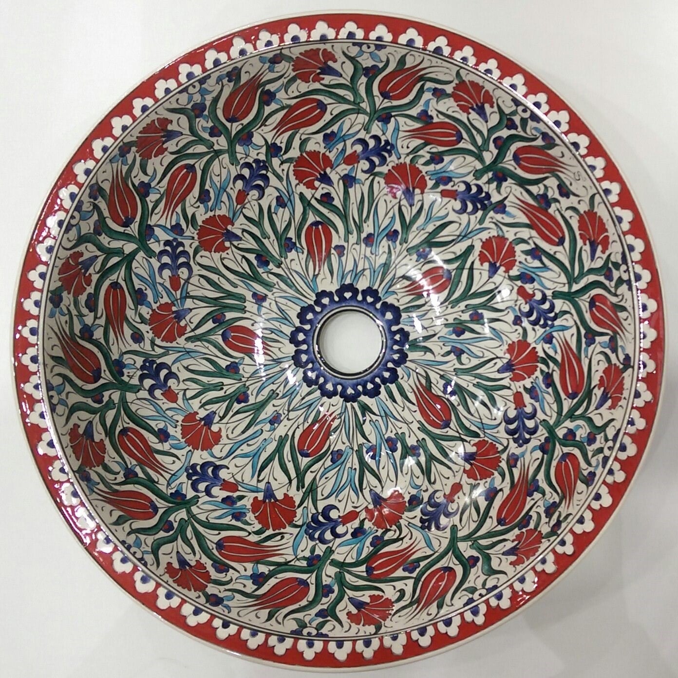 Lale Karanfil Desenli El Yapımı Tezgah Üstü Çini Lavabo