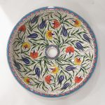 Renkli Lale Desenli Yeşil El Yapımı Tezgah Üstü Çini Lavabo