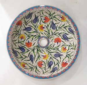 Renkli Lale Desenli Yeşil El Yapımı Tezgah Üstü Çini Lavabo