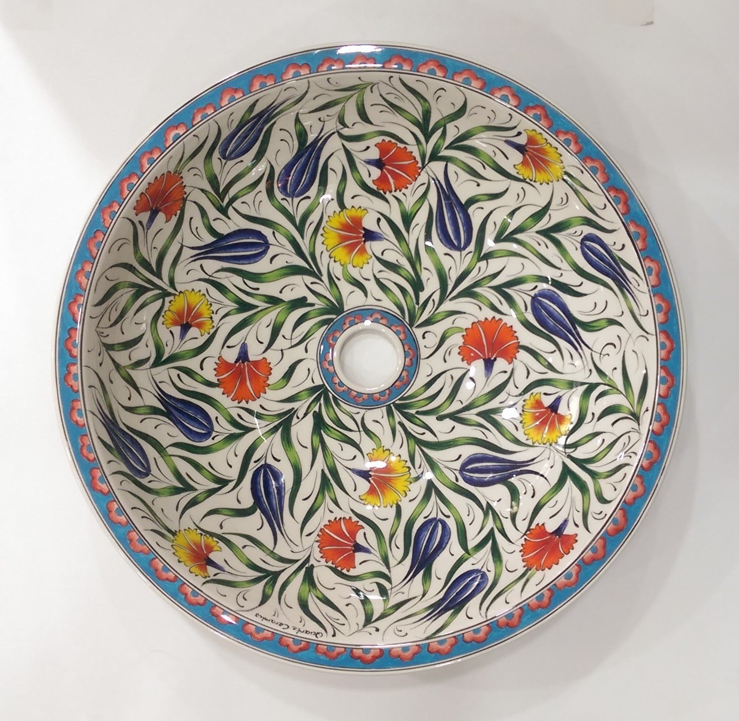 Renkli Lale Desenli Yeşil El Yapımı Tezgah Üstü Çini Lavabo