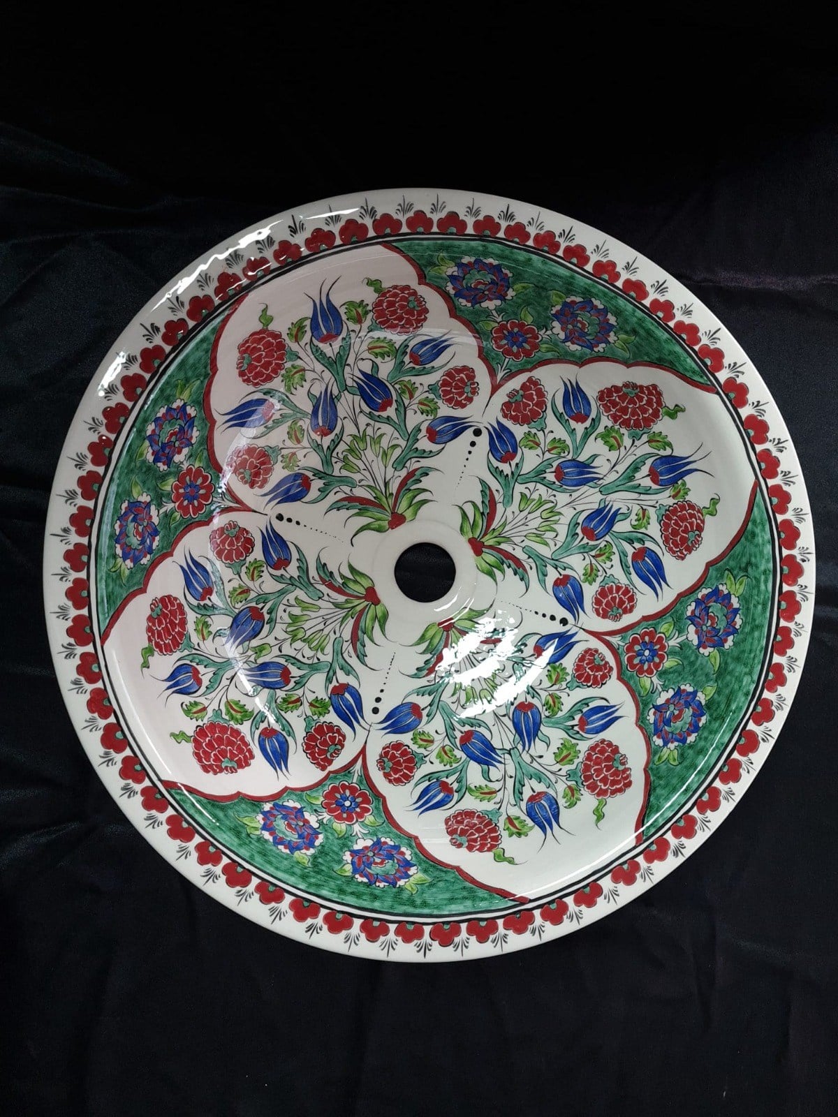 rmada Çini Yeşil Karanfil Desenli El Yapımı Tezgah Üstü Çini Lavabo